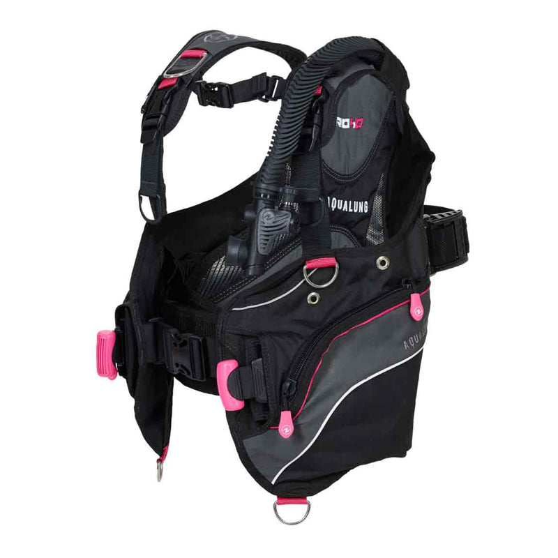 New Aqualung womens pro hd for 2022 in pink black charcoal colors side profile showing jacket inflation style buoyancy compensator