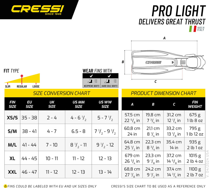 Cressi Pro Light Open Heel Scuba Diving Fins