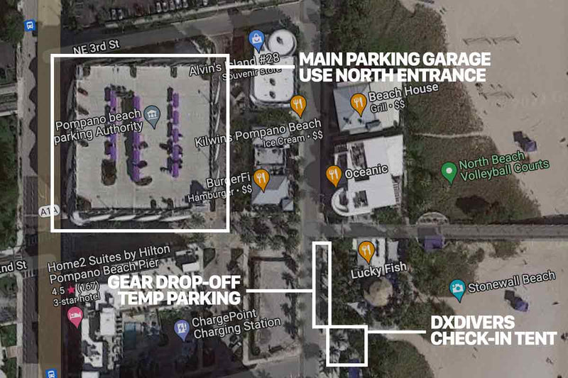 pompano beach pier clean-up event map parking and check in tent, aerial google maps view