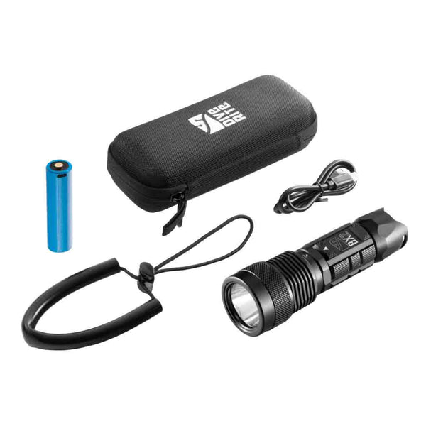 dive rite bx2 dive light complete with lanyard, usb charger, rechargeable battery and carrying case