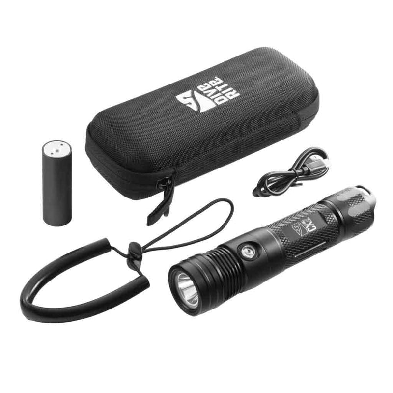 dive rite cx2 scuba dive light with charger, lanyard, charging cable and reusable battery
