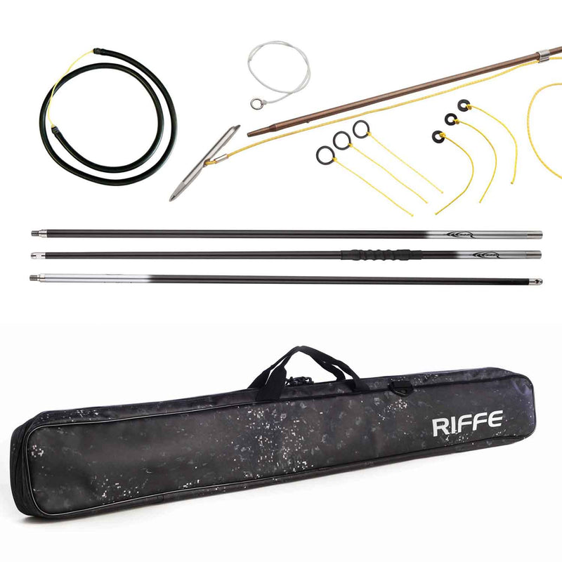 riffe carbon fiber 9 foot 3 piece polespear with sub mini ice pick slip tip system with new riffe slinger polespear bag