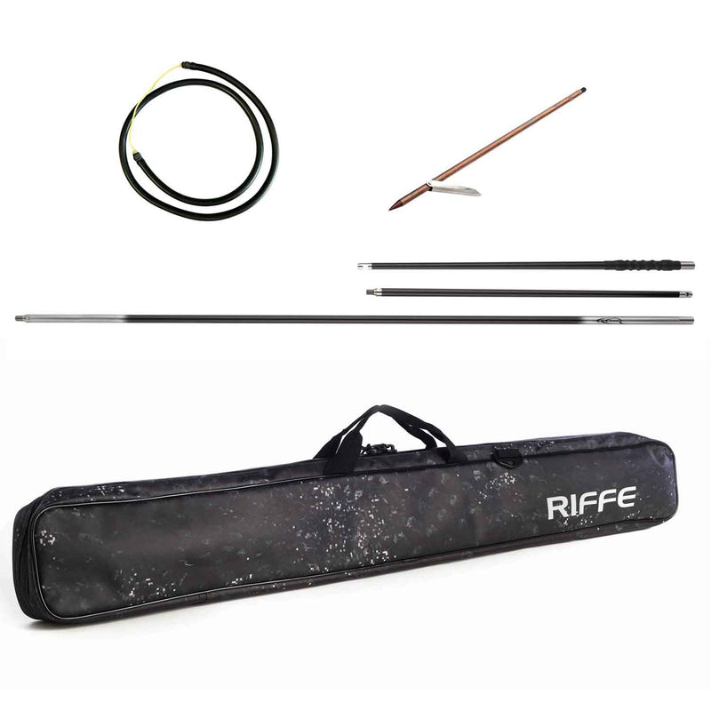 riffe carbon fiber 8 foot 3 piece polespear with flopper injector rod with new riffe slinger polespear bag